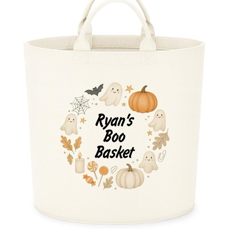 Personalised Boo Basket Felt Trug Storage with Halloween Ghosts and Pumpkins Design for Storage Needs fun gifts gift Halloween cute funny friends mum girlfriend boyfriend dad present Decorative Organiser