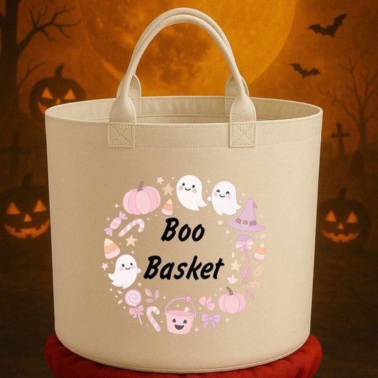 Boo Basket Felt Trug Storage with Halloween Ghosts and Pumpkins Design for Storage Needs fun gifts gift Halloween cute funny friends mum girlfriend boyfriend dad present Decorative Organiser