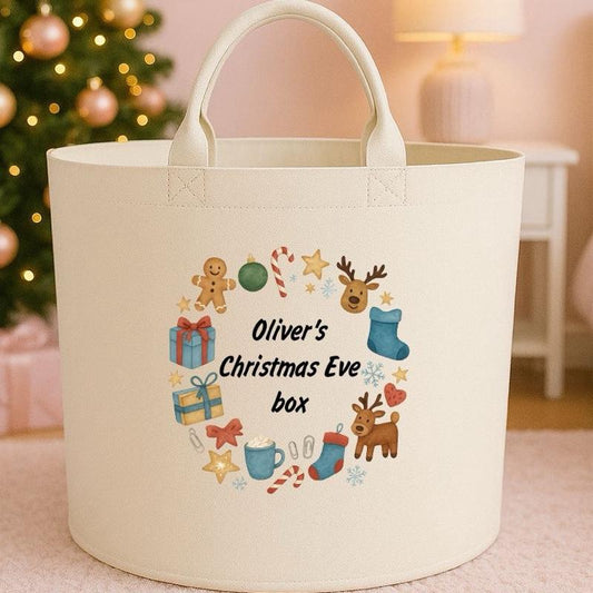 Personalised Christmas Eve box storage Felt Trug basket, perfect gifts boys kids gift storage basket trugs toy storage Xmas eve gift Lightweight Organiser Artwork Chocolate stocking filler