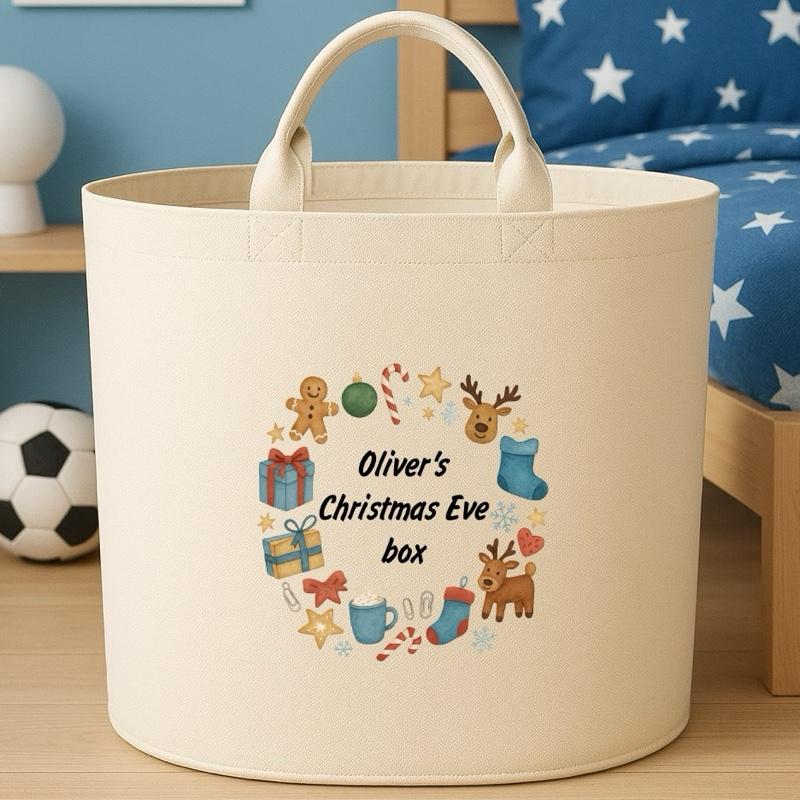 Personalised Christmas Eve box storage Felt Trug basket, perfect gifts boys kids gift storage basket trugs toy storage Xmas eve gift Lightweight Organiser Artwork Chocolate stocking filler