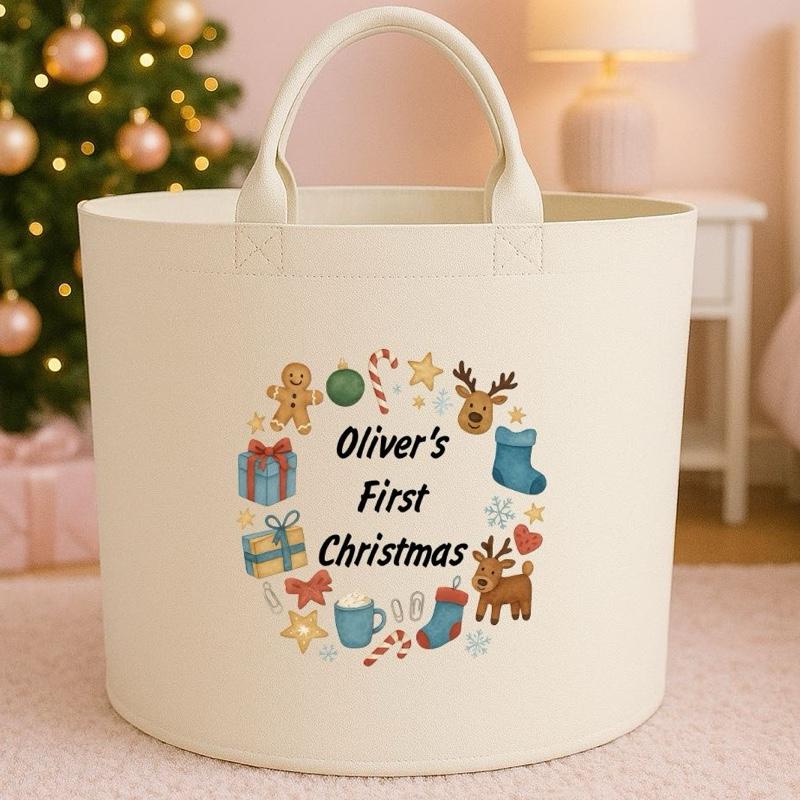 Personalised First christmas storage Felt Trug basket, perfect gifts boys kids gift storage basket trugs toy storage Xmas eve gift Lightweight Organiser Artwork Chocolate stocking filler