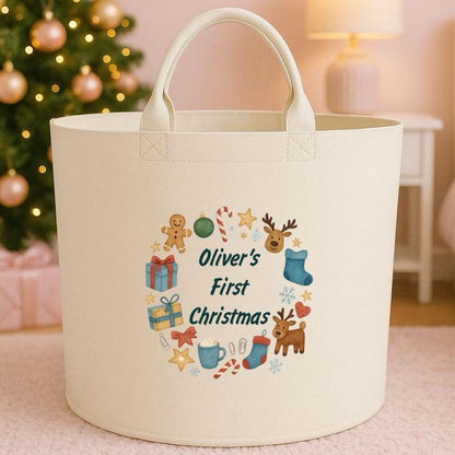 Personalised First christmas storage Felt Trug basket, perfect gifts boys kids gift storage basket trugs toy storage Xmas eve gift Lightweight Organiser Artwork Chocolate stocking filler