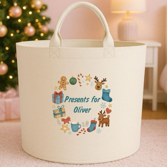 Personalised Christmas presents storage Felt Trug basket, perfect gifts boys kids gift storage basket trugs toy storage Xmas eve gift Lightweight Organiser Artwork Chocolate stocking filler