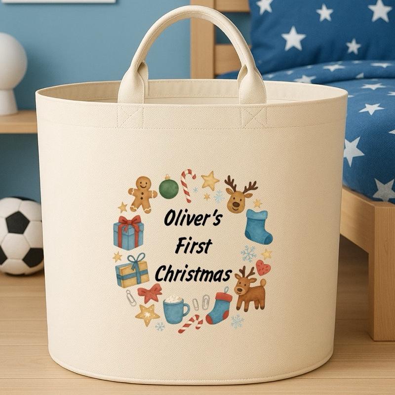 Personalised First christmas storage Felt Trug basket, perfect gifts boys kids gift storage basket trugs toy storage Xmas eve gift Lightweight Organiser Artwork Chocolate stocking filler
