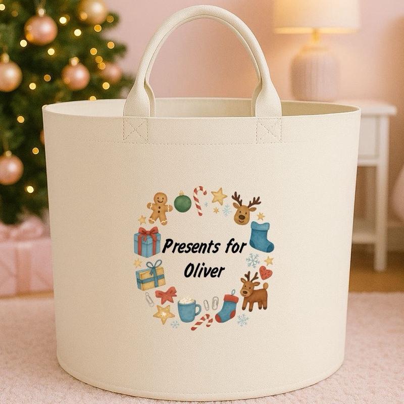 Personalised Christmas presents storage Felt Trug basket, perfect gifts boys kids gift storage basket trugs toy storage Xmas eve gift Lightweight Organiser Artwork Chocolate stocking filler