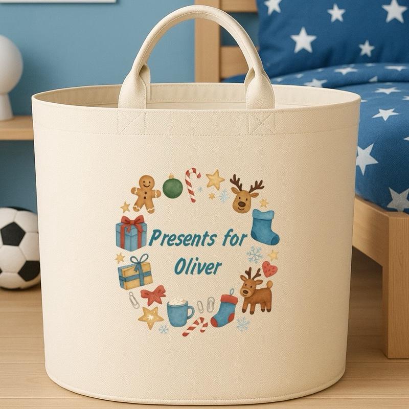 Personalised Christmas presents storage Felt Trug basket, perfect gifts boys kids gift storage basket trugs toy storage Xmas eve gift Lightweight Organiser Artwork Chocolate stocking filler