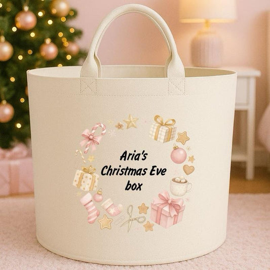 Personalised Christmas Eve box storage Felt Trug basket, perfect gifts boys kids gift storage basket trugs toy storage Xmas eve gift Lightweight Organiser Artwork Chocolate stocking filler