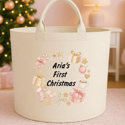 Personalised first christmas storage Felt Trug basket, perfect gifts boys kids gift storage basket trugs toy storage Xmas eve gift Lightweight Organiser Artwork Chocolate stocking filler