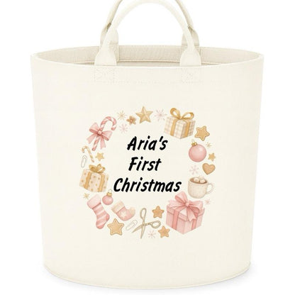 Personalised first christmas storage Felt Trug basket, perfect gifts boys kids gift storage basket trugs toy storage Xmas eve gift Lightweight Organiser Artwork Chocolate stocking filler
