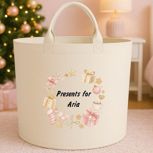 Personalised Christmas presents storage Felt Trug basket, perfect gifts boys kids gift storage basket trugs toy storage Xmas eve gift Lightweight Organiser Artwork Chocolate stocking filler