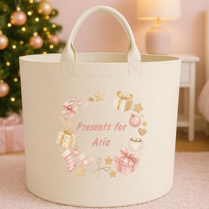Personalised Christmas presents storage Felt Trug basket, perfect gifts boys kids gift storage basket trugs toy storage Xmas eve gift Lightweight Organiser Artwork Chocolate stocking filler