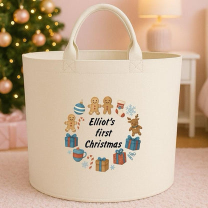 Personalised First christmas Box Storage Felt Trug Basket 40cm x 40cm Perfect Gift for Boys Kids Toy Storage Xmas Eve Gift Lightweight Organiser Artwork Chocolate Stocking Filler cute fun girls gifts presents 1st Christmas gift cute baby gifts