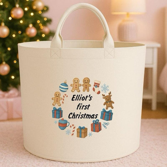 Personalised First christmas Box Storage Felt Trug Basket 40cm x 40cm Perfect Gift for Boys Kids Toy Storage Xmas Eve Gift Lightweight Organiser Artwork Chocolate Stocking Filler cute fun girls gifts presents 1st Christmas gift cute baby gifts