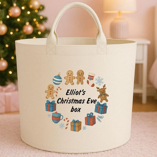 Personalised Christmas Eve Box Storage Felt Trug Basket 40cm x 40cm Perfect Gift for Boys Kids Toy Storage Xmas Eve Gift Lightweight Organiser Artwork Chocolate Stocking Filler cute fun girls gifts presents