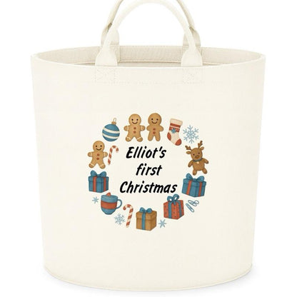 Personalised First christmas Box Storage Felt Trug Basket 40cm x 40cm Perfect Gift for Boys Kids Toy Storage Xmas Eve Gift Lightweight Organiser Artwork Chocolate Stocking Filler cute fun girls gifts presents 1st Christmas gift cute baby gifts