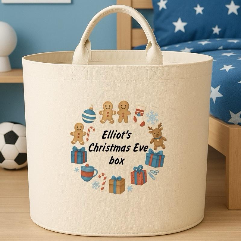 Personalised Christmas Eve Box Storage Felt Trug Basket 40cm x 40cm Perfect Gift for Boys Kids Toy Storage Xmas Eve Gift Lightweight Organiser Artwork Chocolate Stocking Filler cute fun girls gifts presents