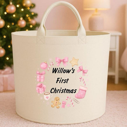 Personalised First christmas Box Storage Felt Trug Basket 40cm x 40cm Perfect Gift for Boys Kids Toy Storage Xmas Eve Gift Lightweight Organiser Artwork Chocolate Stocking Filler cute fun girls gifts presents 1st Christmas gift cute baby gifts