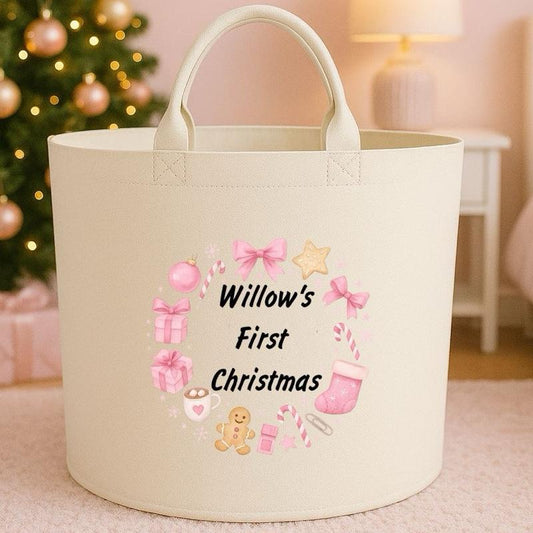 Personalised First christmas Box Storage Felt Trug Basket 40cm x 40cm Perfect Gift for Boys Kids Toy Storage Xmas Eve Gift Lightweight Organiser Artwork Chocolate Stocking Filler cute fun girls gifts presents 1st Christmas gift cute baby gifts
