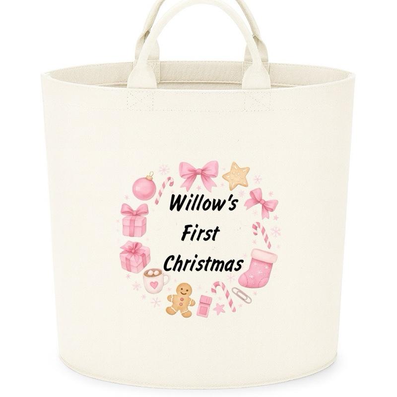 Personalised First christmas Box Storage Felt Trug Basket 40cm x 40cm Perfect Gift for Boys Kids Toy Storage Xmas Eve Gift Lightweight Organiser Artwork Chocolate Stocking Filler cute fun girls gifts presents 1st Christmas gift cute baby gifts