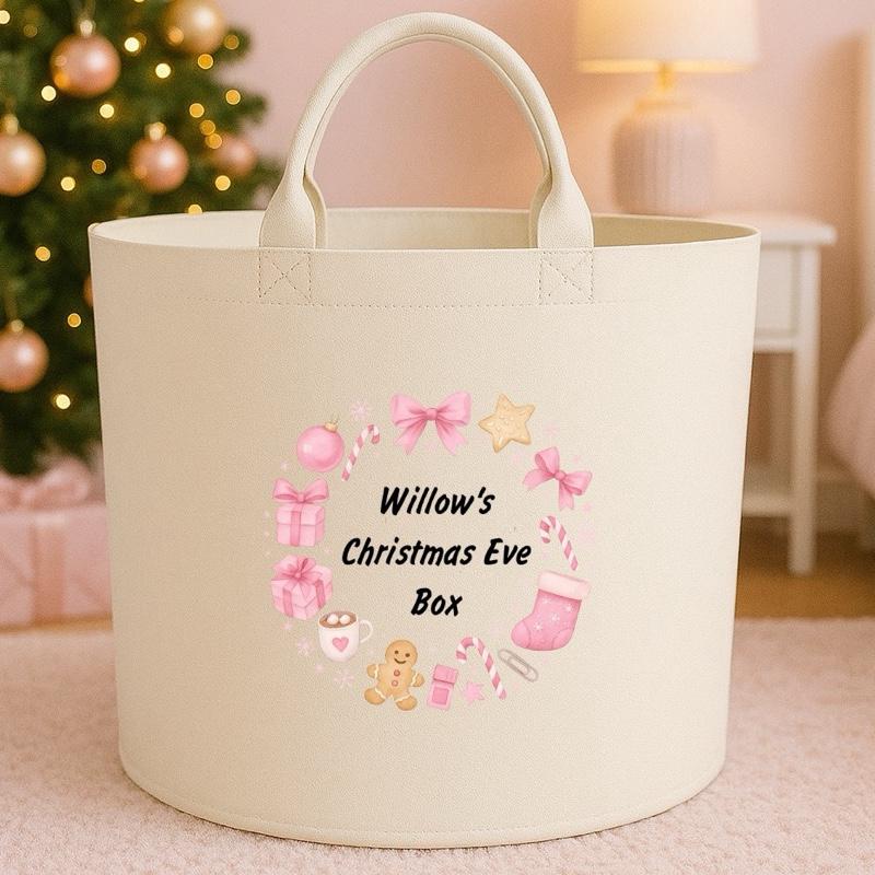 Personalised Christmas Eve Box Storage Felt Trug Basket 40cm x 40cm Perfect Gift for Boys Kids Toy Storage Xmas Eve Gift Lightweight Organiser Artwork Chocolate Stocking Filler cute fun girls gifts presents