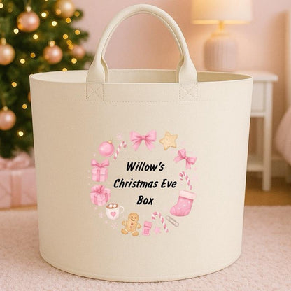 Personalised Christmas Eve Box Storage Felt Trug Basket 40cm x 40cm Perfect Gift for Boys Kids Toy Storage Xmas Eve Gift Lightweight Organiser Artwork Chocolate Stocking Filler cute fun girls gifts presents