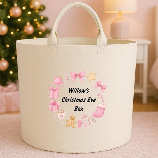 Personalised Christmas Eve Box Storage Felt Trug Basket 40cm x 40cm Perfect Gift for Boys Kids Toy Storage Xmas Eve Gift Lightweight Organiser Artwork Chocolate Stocking Filler cute fun girls gifts presents
