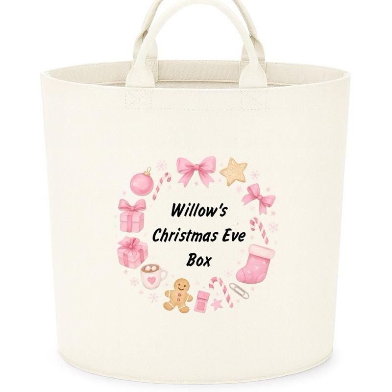 Personalised Christmas Eve Box Storage Felt Trug Basket 40cm x 40cm Perfect Gift for Boys Kids Toy Storage Xmas Eve Gift Lightweight Organiser Artwork Chocolate Stocking Filler cute fun girls gifts presents