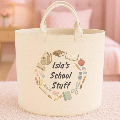 Personalised school stuff basket storage Felt Trug, perfect gifts fun storage basket trugs toy storage cute friend mum book storage school books school storage kids daughter son starting school