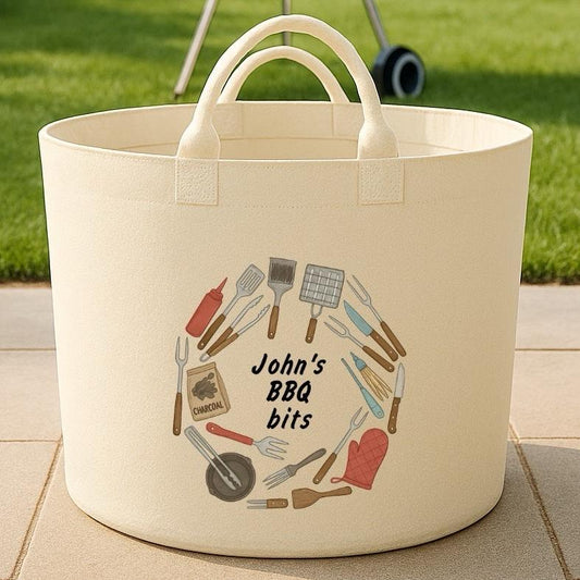 Personalised BBQ BITS gift basket storage Felt Trug, perfect gifts women men kids gift fun storage basket trugs toy storage cute friend mum Lightweight Organiser Book teddies neutral gifts bbq storage dad gift gifts for dad