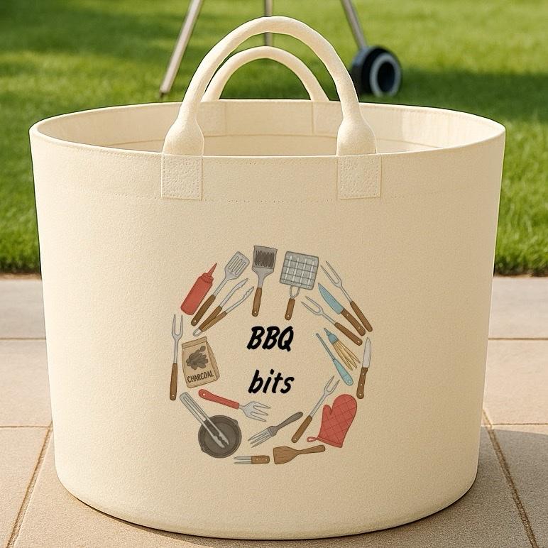 Personalised BBQ BITS gift basket storage Felt Trug, perfect gifts women men kids gift fun storage basket trugs toy storage cute friend mum Lightweight Organiser Book teddies neutral gifts bbq storage dad gift gifts for dad