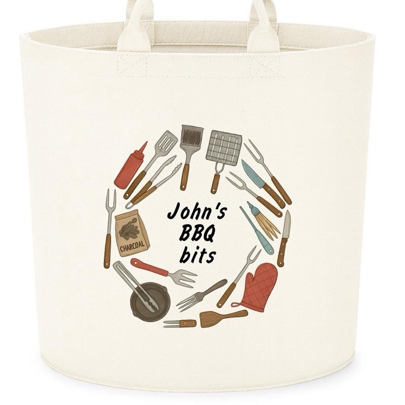 Personalised BBQ BITS gift basket storage Felt Trug, perfect gifts women men kids gift fun storage basket trugs toy storage cute friend mum Lightweight Organiser Book teddies neutral gifts bbq storage dad gift gifts for dad