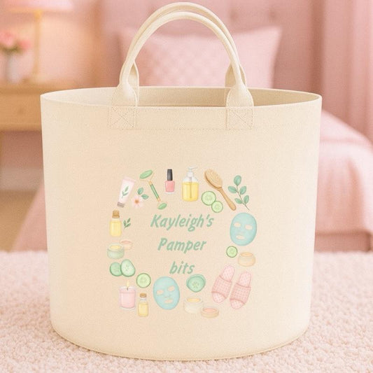 Personalised pamper bits gift basket storage Felt Trug, perfect gifts women men kids gift fun storage basket trugs toy storage cute friend mum Lightweight Organiser Book teddies neutral gifts self love make up holder skincare storage self care