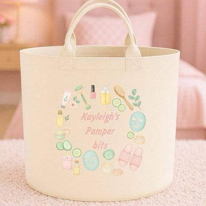 Personalised pamper bits gift basket storage Felt Trug, perfect gifts women men kids gift fun storage basket trugs toy storage cute friend mum Lightweight Organiser Book teddies neutral gifts self love make up holder skincare storage self care