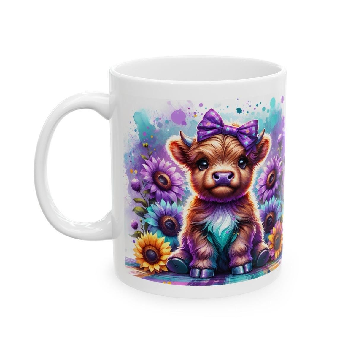 Cute highland cow 3d mug with purple bow - perfect for your morning drinks - drinkware, tumblers cup washable reusable ceramic coffee reuse