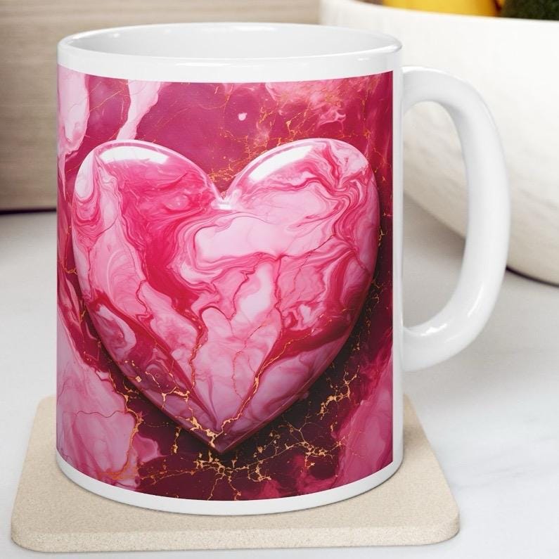 Pink marble heart style mug - reusable and perfect for drinks - drinkware washable cup tumbler reuse coffee ceramic valentines xmas girlfrie