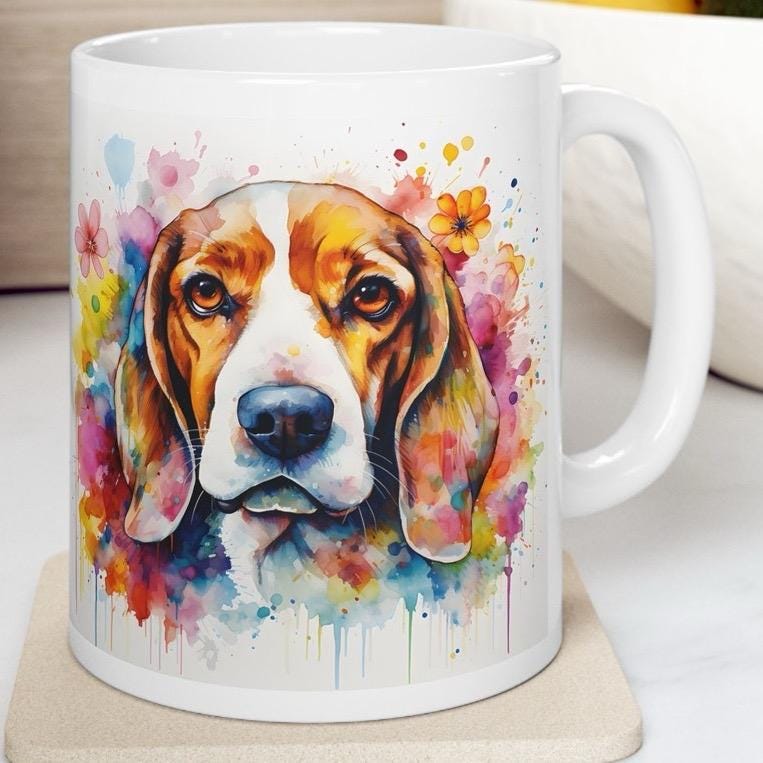 Floral beagle art mug - perfect gift for dog lovers - xmas, christmas, and birthday puppy - washable - drinkware cup coffee reusable tumbler