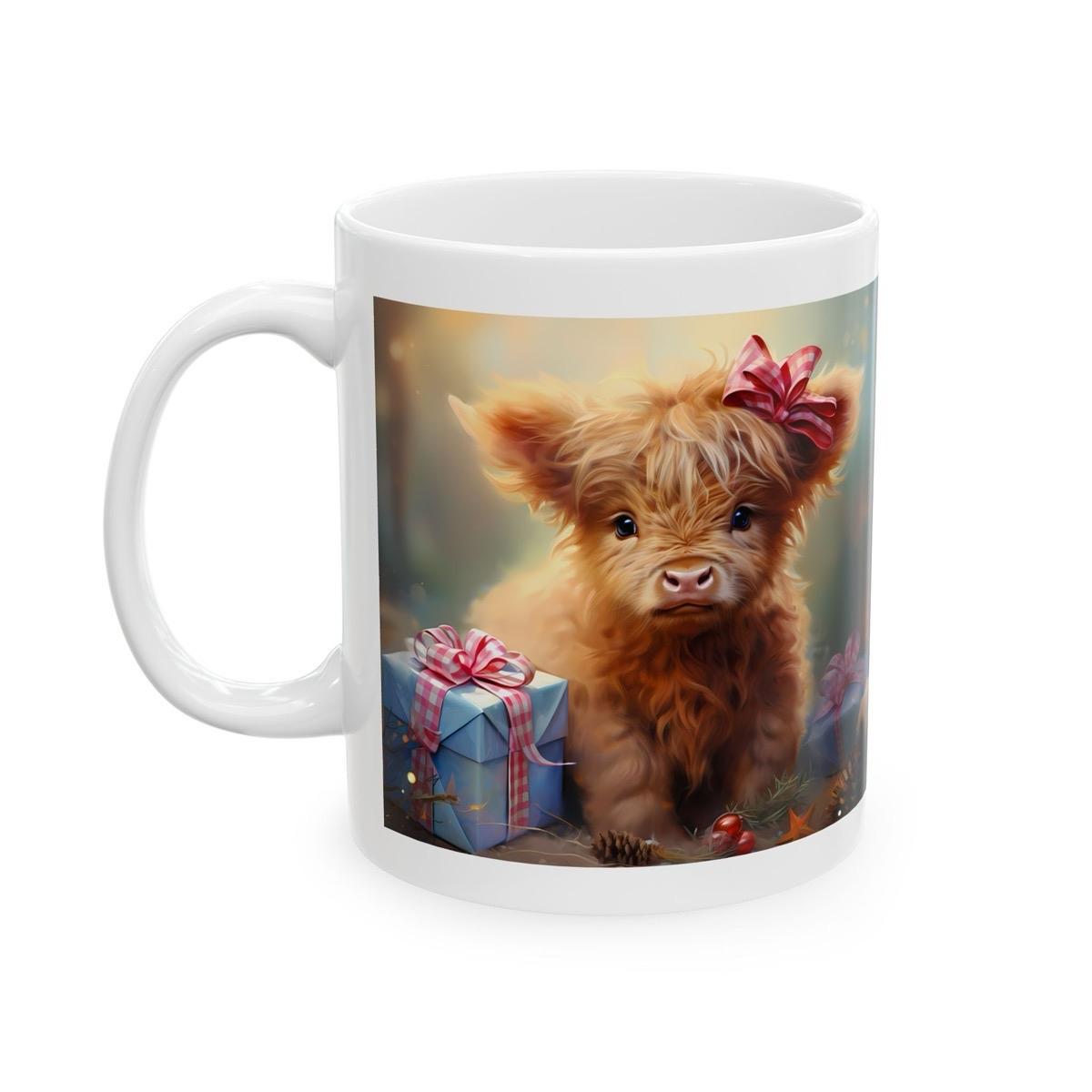 Cute baby highland cow christmas mug - secret santa stocking filler gift drinkware tumbler washable reusable reuse cup coffee ceramic xmas m