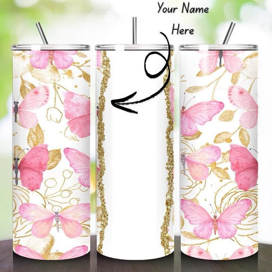 Personalised tumbler butterfly gold pink style 20oz - perfect for on-the-go hydration - vacuum flask - cup drinkware mug bottles water bottl