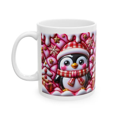 3d quilted sparkly pink festive penguin mug - cozy holiday design with pink and white accents - perfect christmas gift drinkware reuse reusa