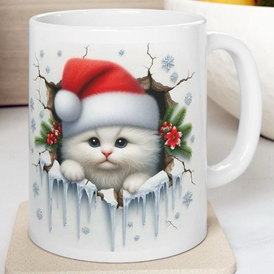 Christmas kitten 3d mug - perfect for your morning drinks - drinkware, tumblers cup bottles reusable ceramic reuse washable kitty coffee xma
