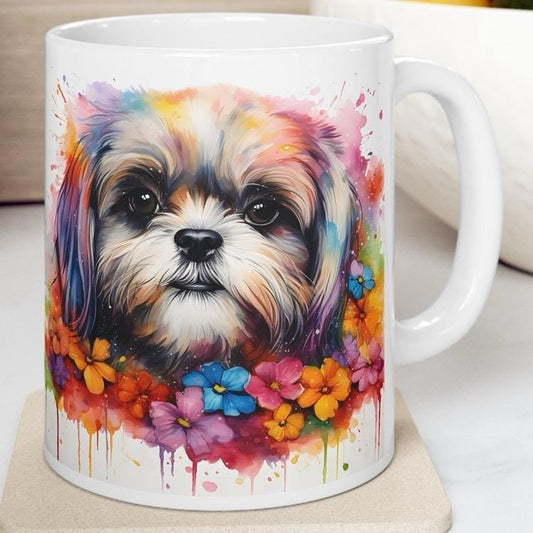 Shih tzu floral art mug - perfect xmas christmas gift for dog lovers - puppy drinkware washable tumbler coffee cup reusable reuse ceramic te