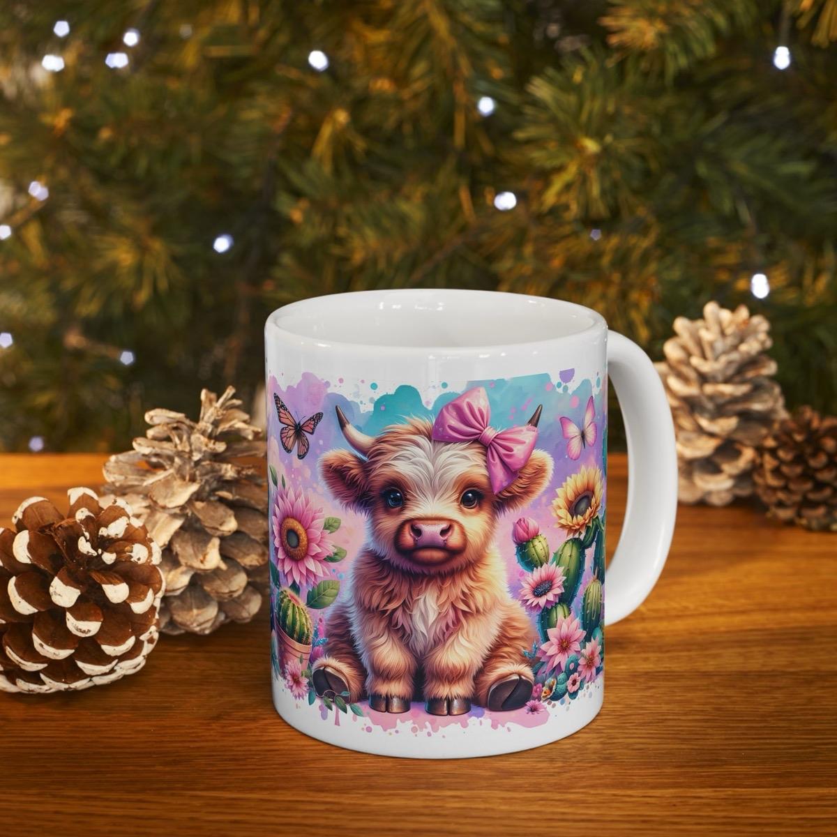 Cute highland cow 3d mug with pink bow and butterfly - perfect for your morning drinks - drinkware, tumblers cup washable reusable coffee ce