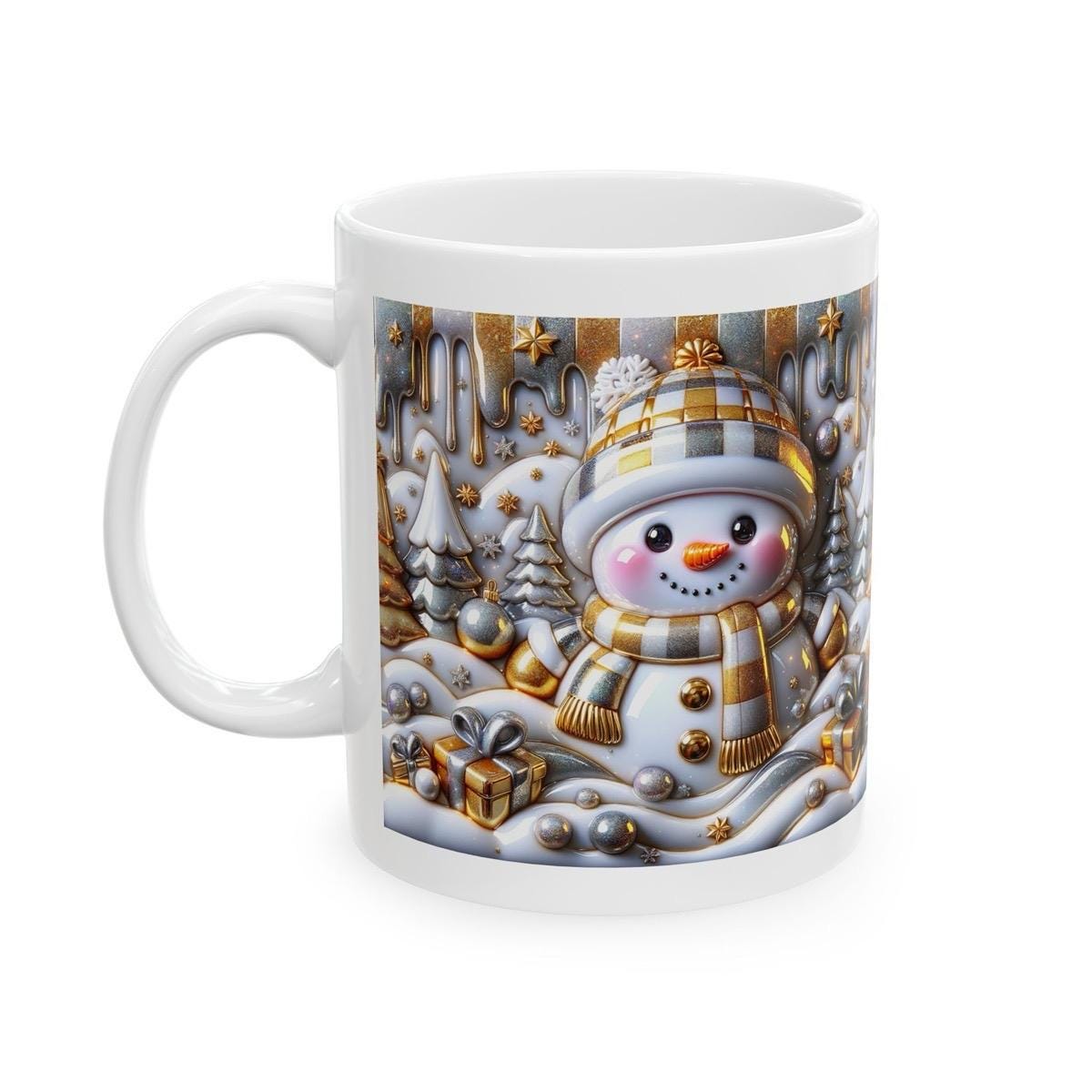 3d christmas snowman mug – elegant gold and silver festive design, perfect for holiday cheer and gifts! drinkware tumbler cup washable reu