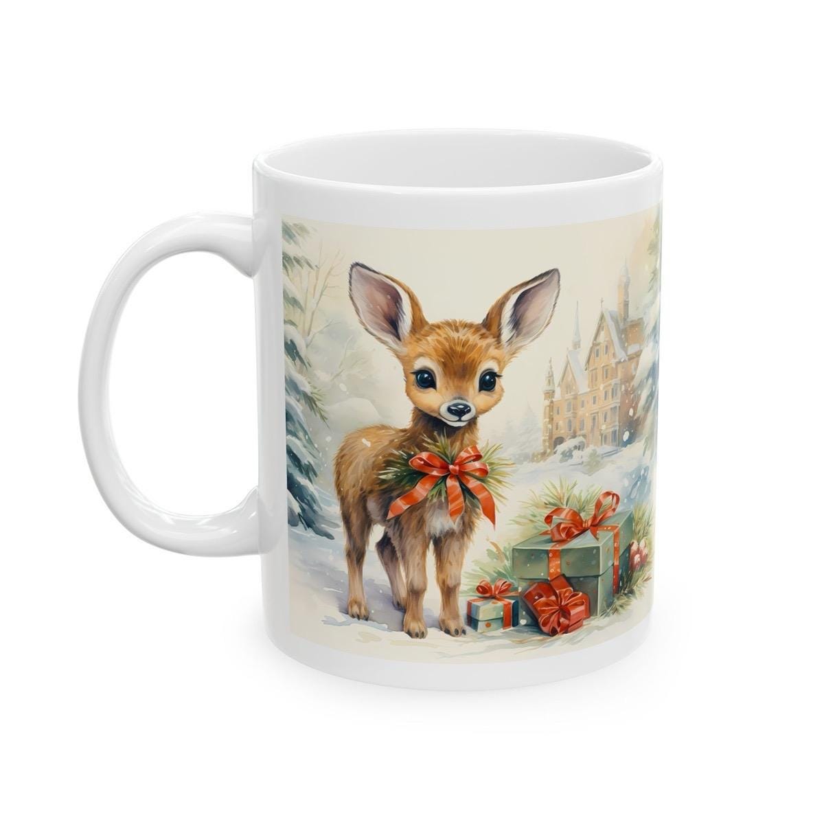 Baby deer fawn christmas mug - secret santa stocking filler - perfect gift drinkware tumbler washable reuse ceramic reusable cup coffee xmas