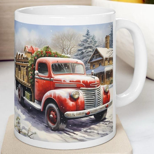 Retro red truck christmas mug - perfect secret santa gift for stocking fillers drinkware reusable reuse washable tumbler ceramic cup xmas mu