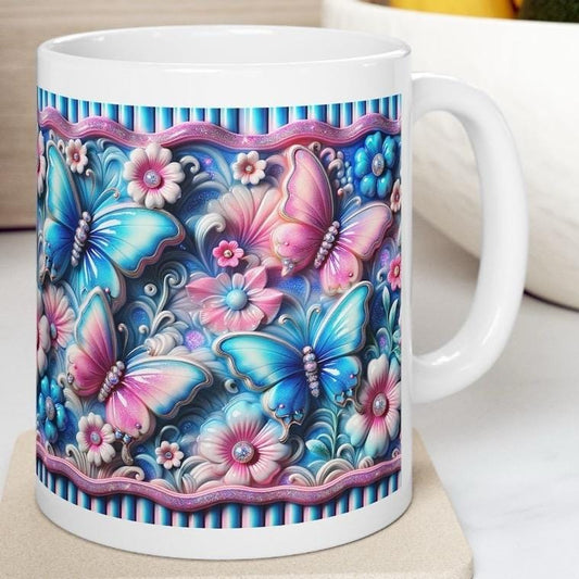 Blue pink butterfly 3d mug - perfect for your morning drinks - drinkware, tumblers cup bottles reusable coffee washable reuse ceramic xmas m