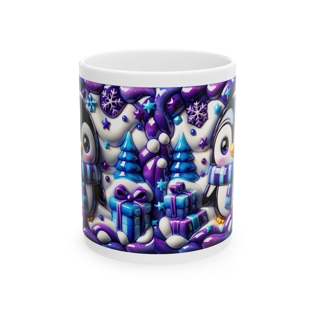 3d quilted sparkly festive penguin mug - cozy holiday design with blue and purple  accents - perfect christmas gift drinkware reusable reuse