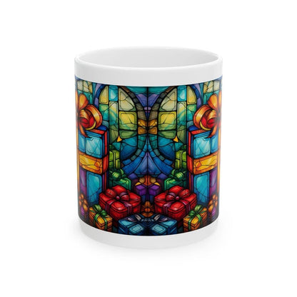 Stained glass design christmas present mug - secret santa stocking filler - drinkware tumbler cup reusable reuse washable ceramic coffee xma