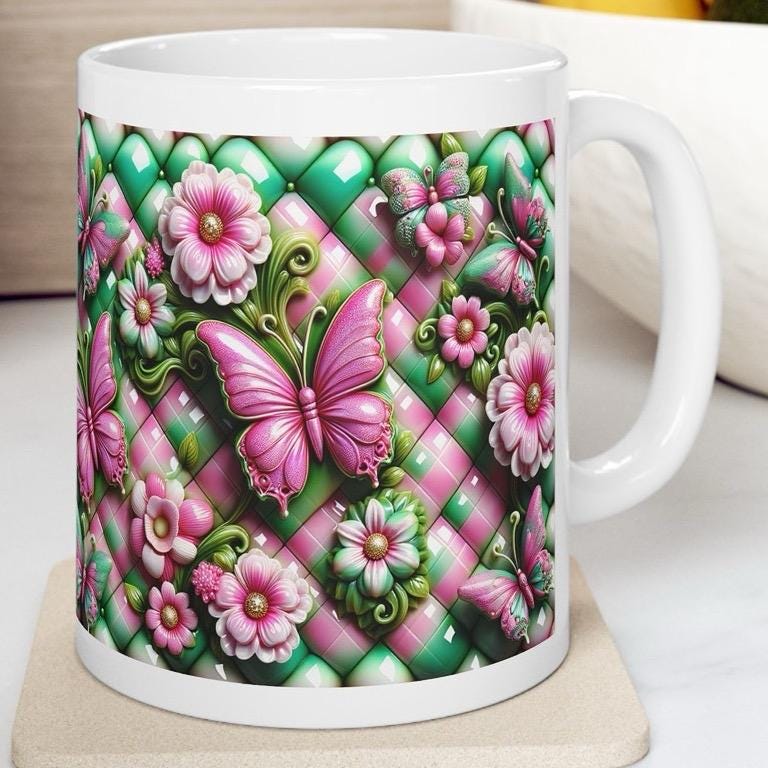 Green pink quilted butterfly flower 3d mug - perfect for drinks - tumblers, drinkware coffee reusable washable cup reuse ceramic xmas mugs t
