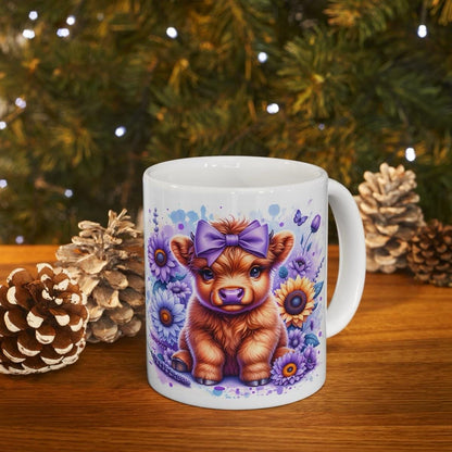 Highland cow in purple flowers 3d mug - perfect for your morning drinks - drinkware washable coffee reusable tumbler reuse ceramic cup xmas